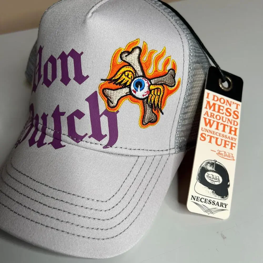 Von Dutch Trucker Hat Gray Purple Cross Eye Logo NWT One Size Unisex‎